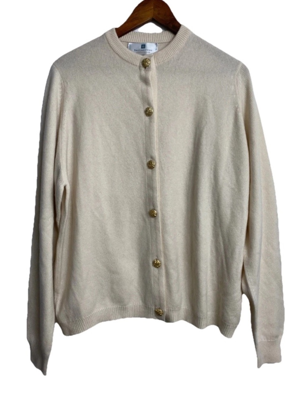 Ballantyne Scotland 100% Cashmere Gold Button Knit Cream Cardigan  Size 46